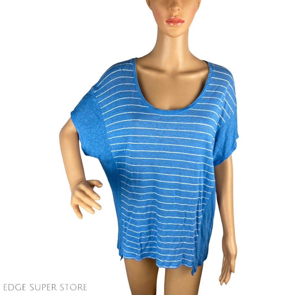 Vince Blue White Striped Linen Scoop Neck Short Sleeve Box Shirt Top Size Medium